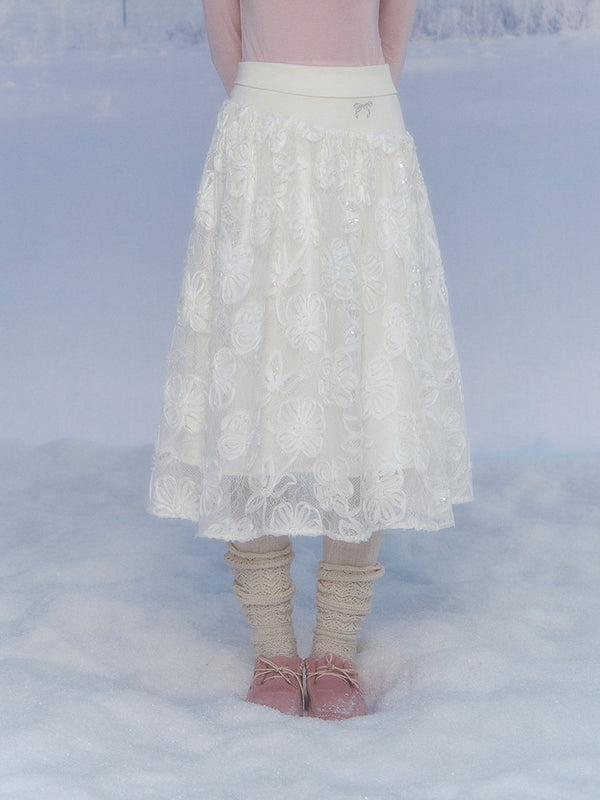 CANSTORE - "Moonflower Lace" Ivory Midi A-Line Skirt with 3D Floral Appliqués