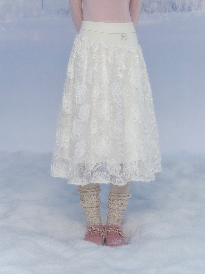 CANSTORE - "Moonflower Lace" Ivory Midi A-Line Skirt with 3D Floral Appliqués