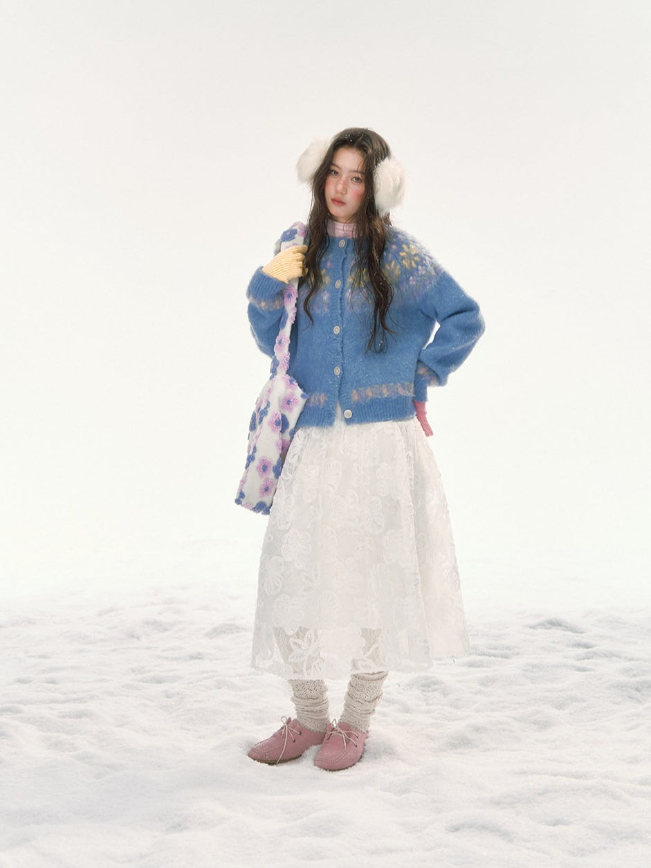 CANSTORE - "Moonflower Lace" Ivory Midi A-Line Skirt with 3D Floral Appliqués