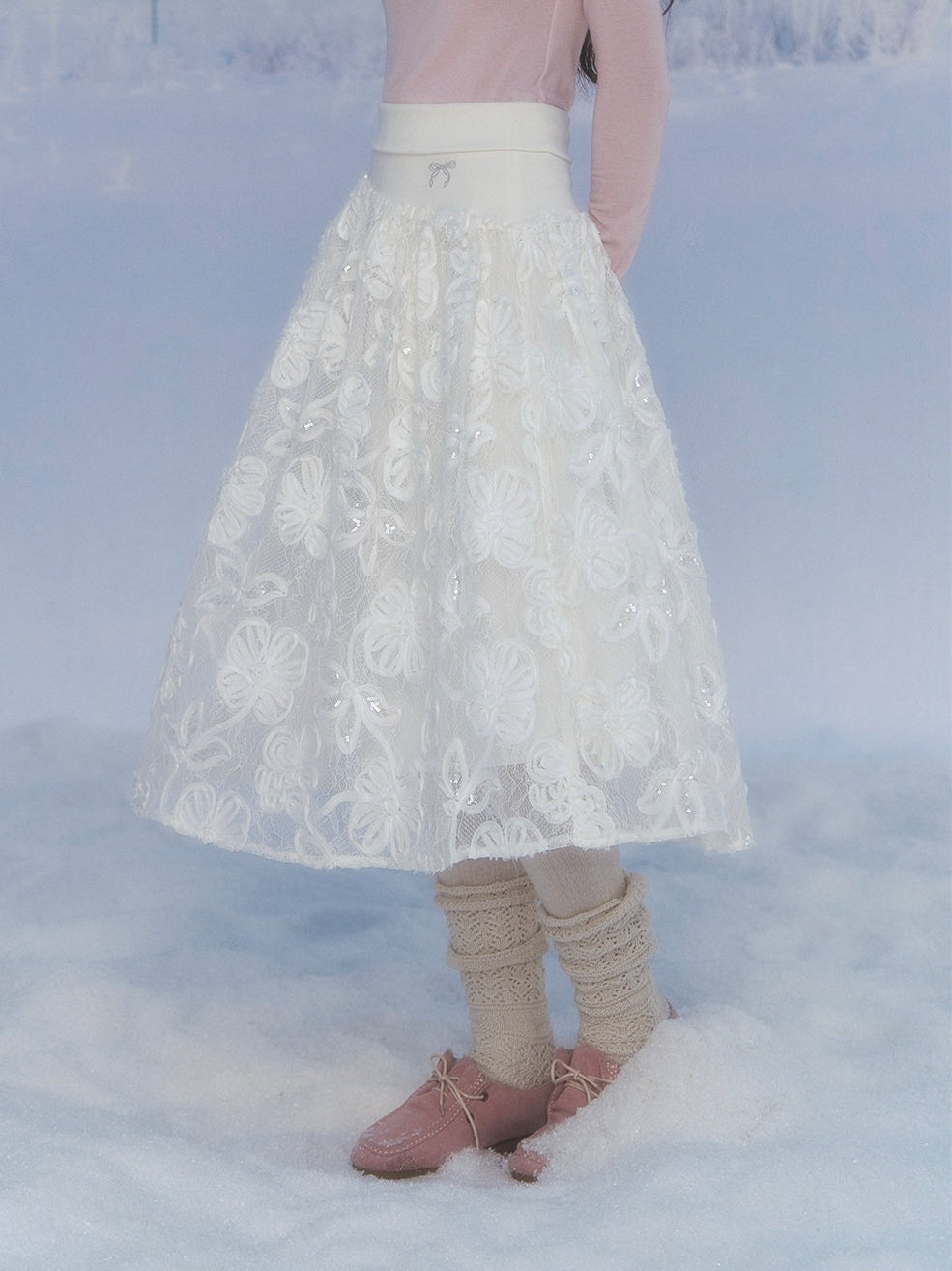 CANSTORE - "Moonflower Lace" Ivory Midi A-Line Skirt with 3D Floral Appliqués