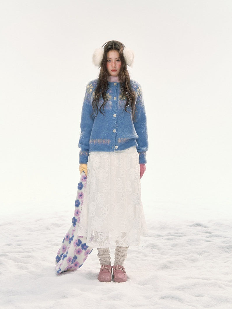 CANSTORE - "Moonflower Lace" Ivory Midi A-Line Skirt with 3D Floral Appliqués