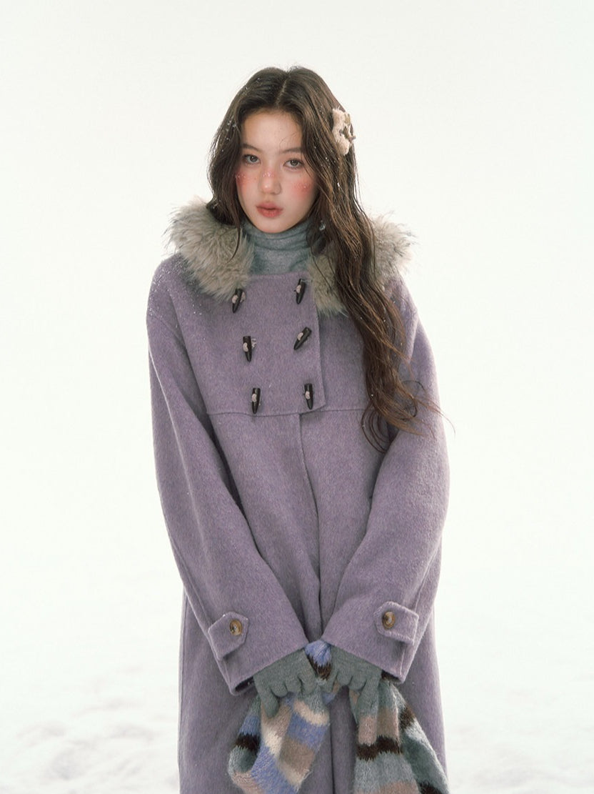 CANSTORE - "Wisteria Isle Lavender" Wool-Blend Hooded Coat with Detachable Faux Fur Collar