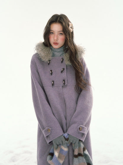 CANSTORE - "Wisteria Isle Lavender" Wool-Blend Hooded Coat with Detachable Faux Fur Collar