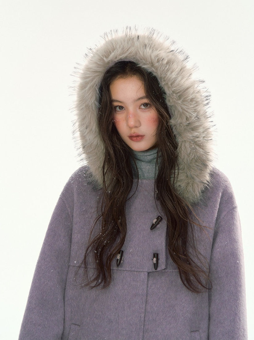 CANSTORE - "Wisteria Isle Lavender" Wool-Blend Hooded Coat with Detachable Faux Fur Collar