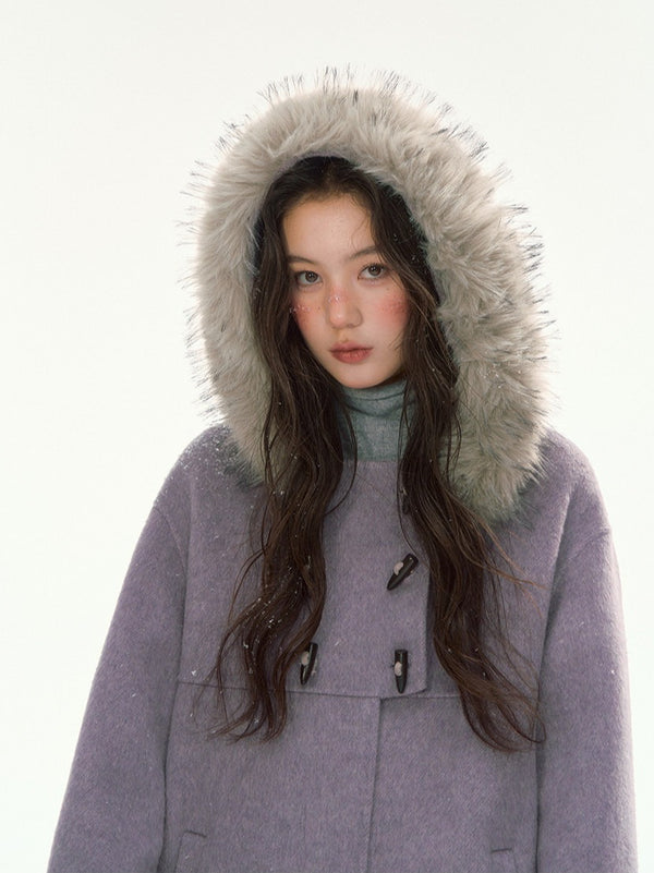CANSTORE - "Wisteria Isle Lavender" Wool-Blend Hooded Coat with Detachable Faux Fur Collar