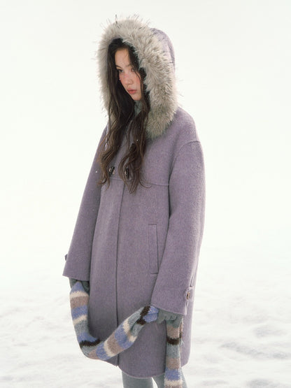 CANSTORE - "Wisteria Isle Lavender" Wool-Blend Hooded Coat with Detachable Faux Fur Collar
