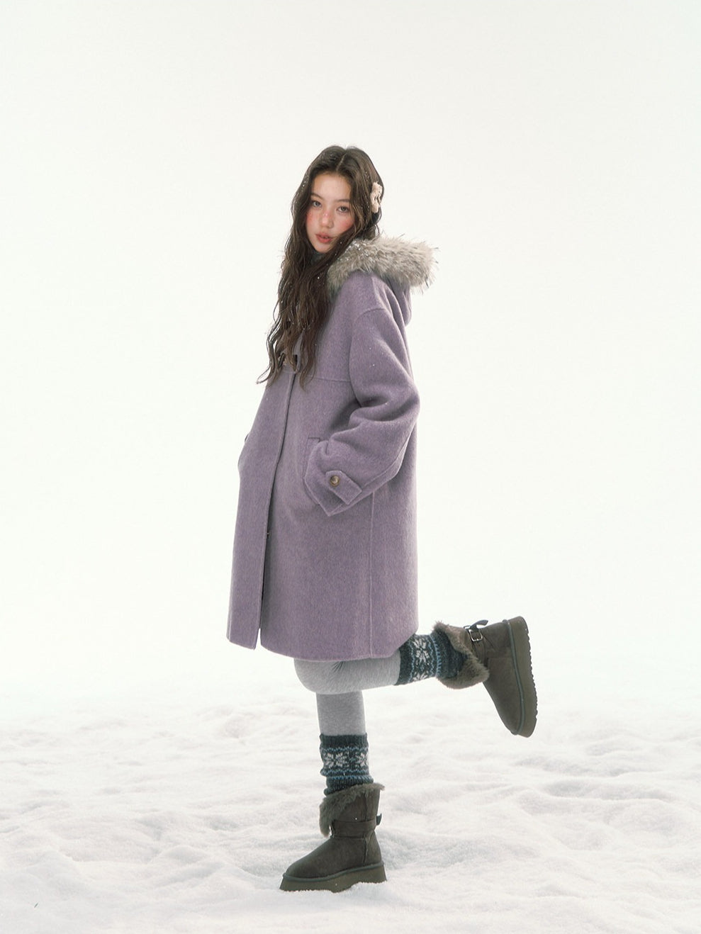 CANSTORE - "Wisteria Isle Lavender" Wool-Blend Hooded Coat with Detachable Faux Fur Collar