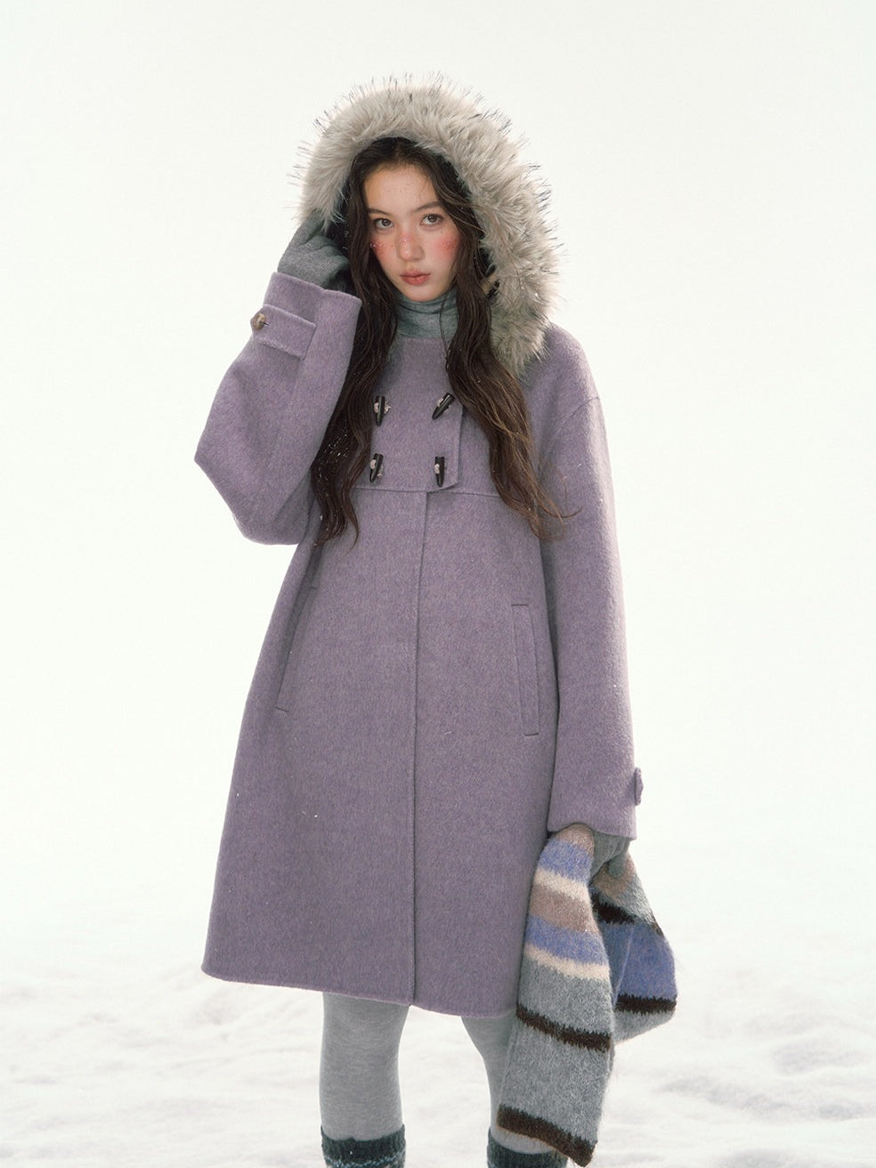 CANSTORE - "Wisteria Isle Lavender" Wool-Blend Hooded Coat with Detachable Faux Fur Collar