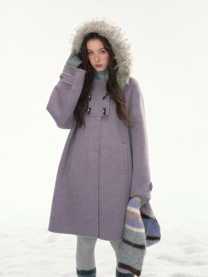 CANSTORE - "Wisteria Isle Lavender" Wool-Blend Hooded Coat with Detachable Faux Fur Collar