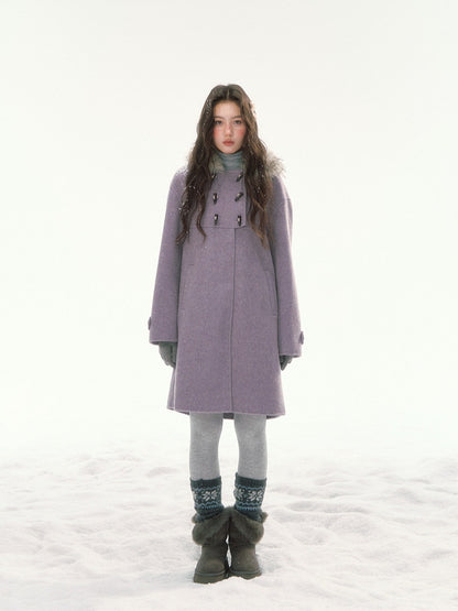CANSTORE - "Wisteria Isle Lavender" Wool-Blend Hooded Coat with Detachable Faux Fur Collar