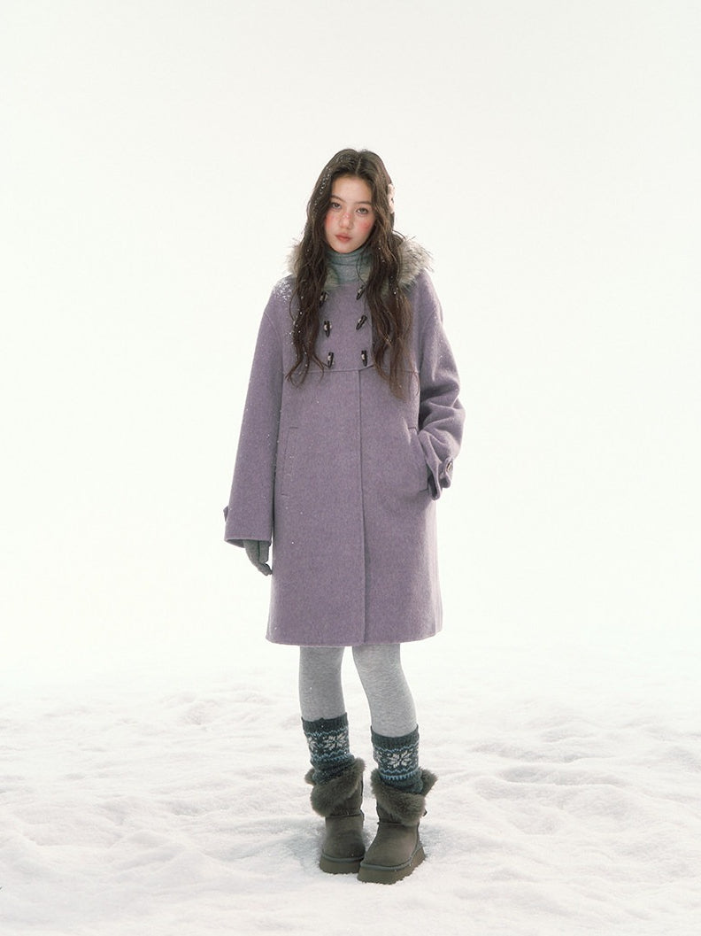 CANSTORE - "Wisteria Isle Lavender" Wool-Blend Hooded Coat with Detachable Faux Fur Collar