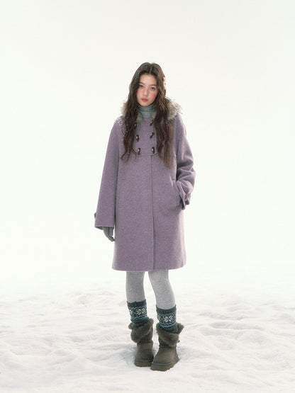 CANSTORE - "Wisteria Isle Lavender" Wool-Blend Hooded Coat with Detachable Faux Fur Collar