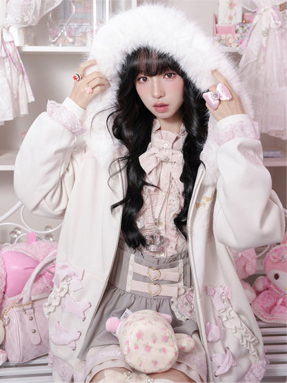 KYOUKO - White & Pink My Melody Fuzzy Collar Ribbon Hoodie