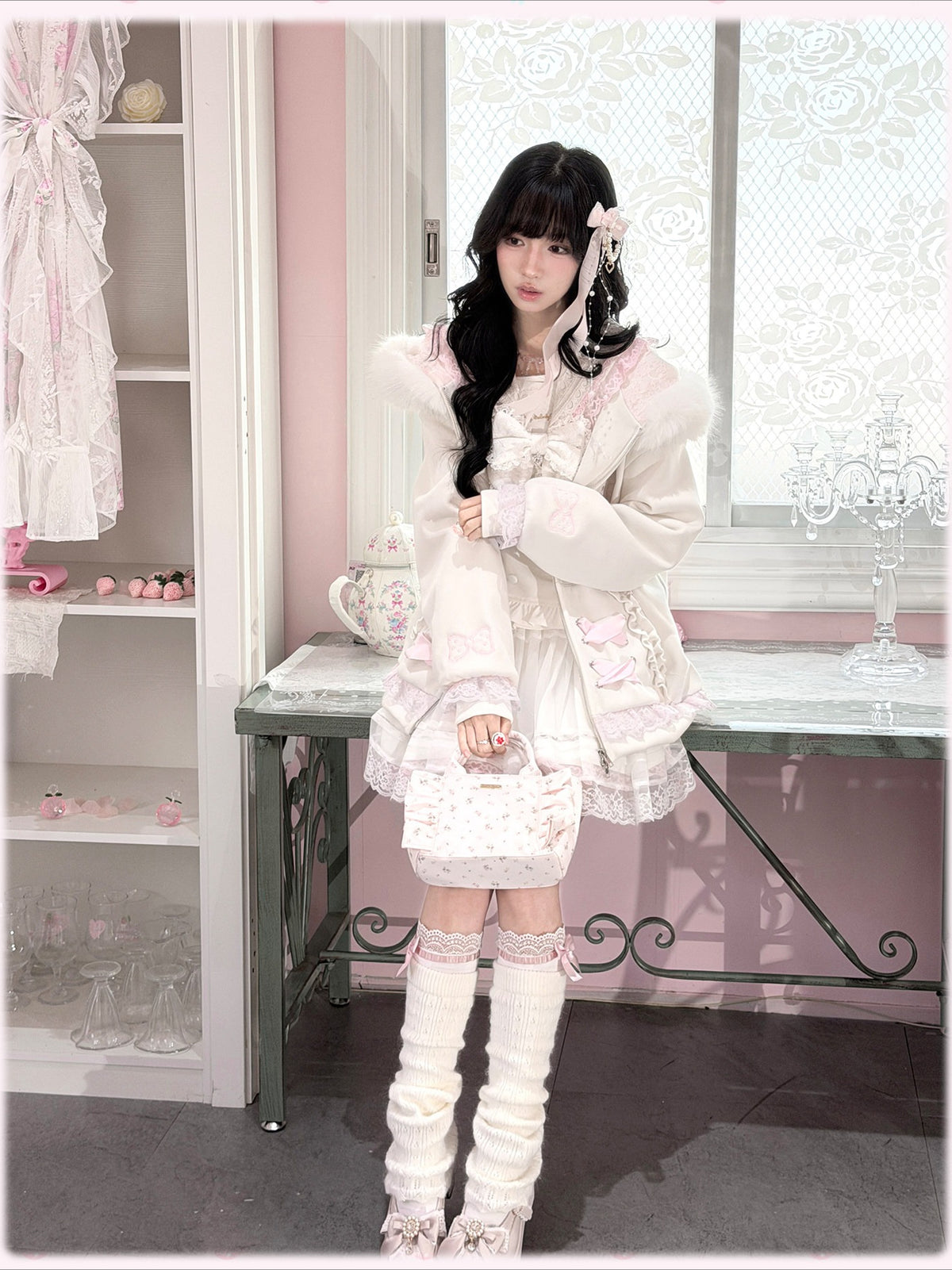 KYOUKO - White & Pink My Melody Fuzzy Collar Ribbon Hoodie