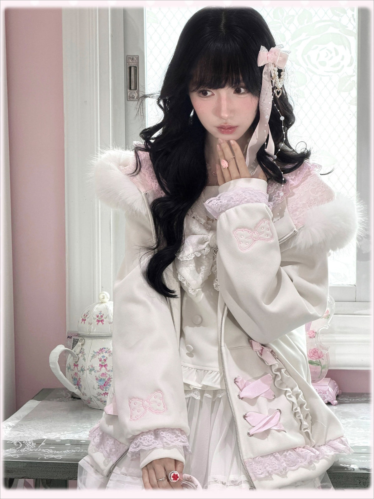 KYOUKO - White & Pink My Melody Fuzzy Collar Ribbon Hoodie