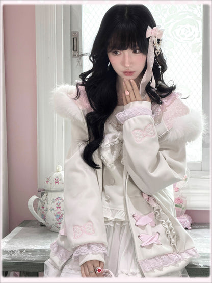 KYOUKO - White & Pink My Melody Fuzzy Collar Ribbon Hoodie