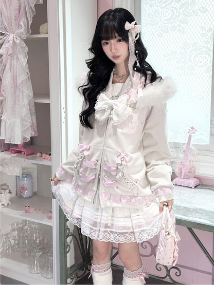 KYOUKO - White & Pink My Melody Fuzzy Collar Ribbon Hoodie
