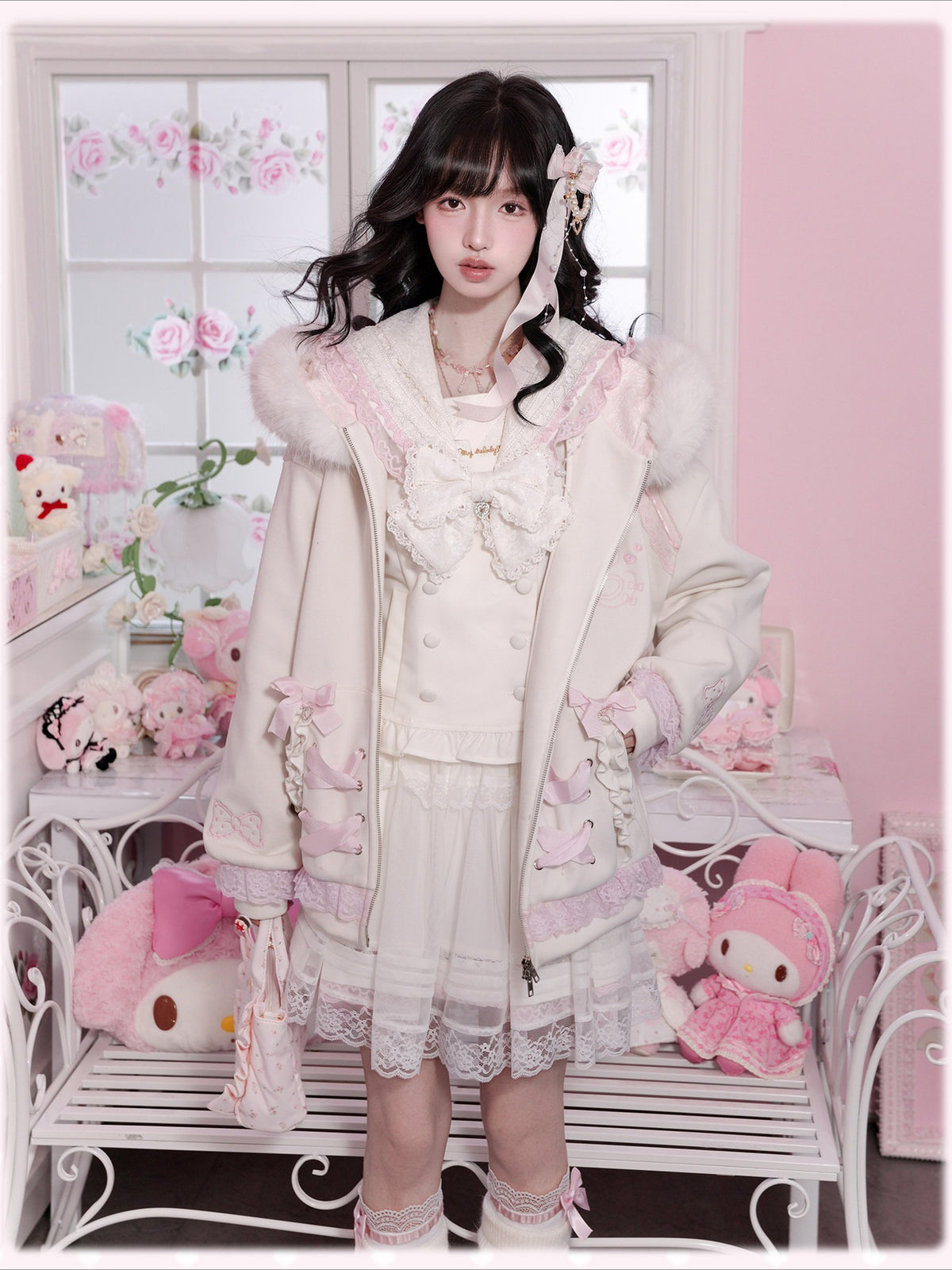 KYOUKO - White & Pink My Melody Fuzzy Collar Ribbon Hoodie