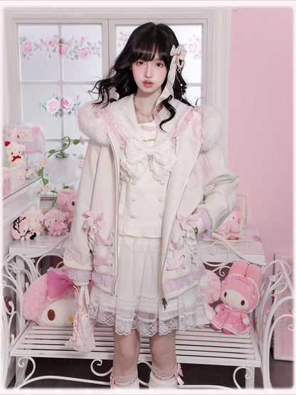 KYOUKO - White & Pink My Melody Fuzzy Collar Ribbon Hoodie