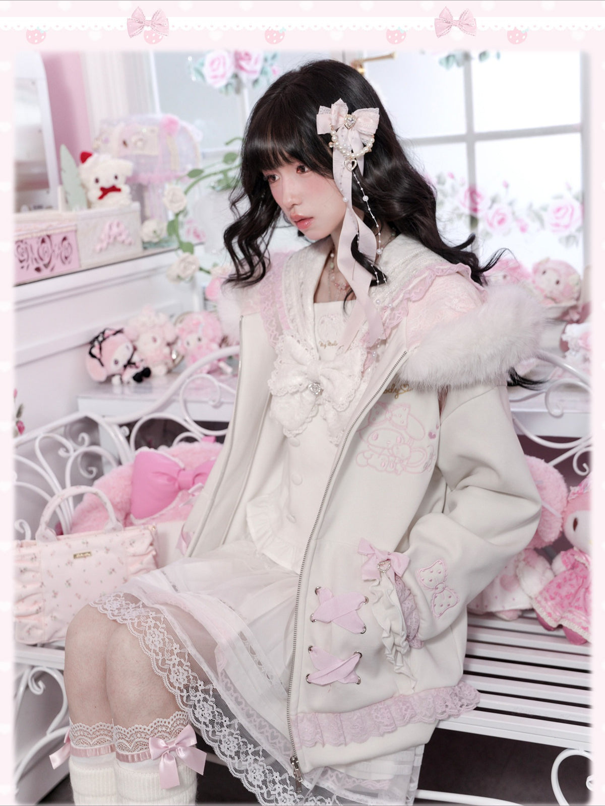 KYOUKO - White & Pink My Melody Fuzzy Collar Ribbon Hoodie