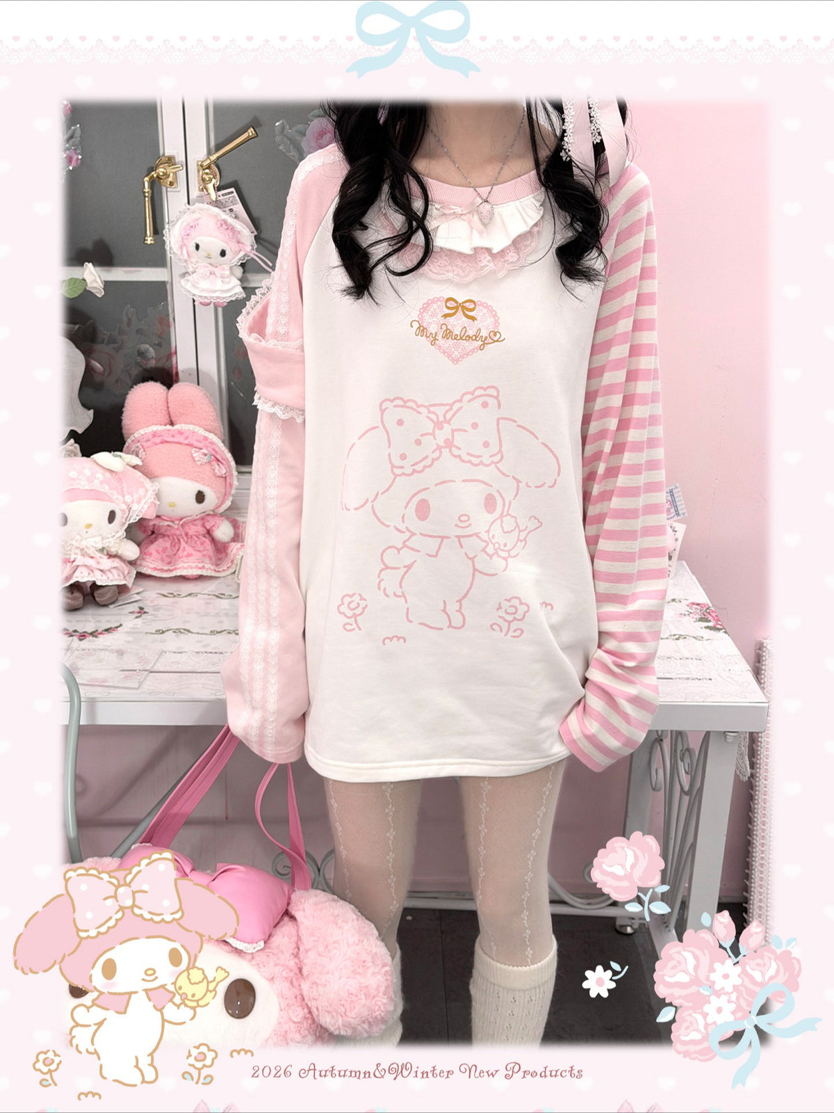 KYOUKO - Pink & White My Melody Ruffle-Trim Raglan Long-Sleeve T-Shirt
