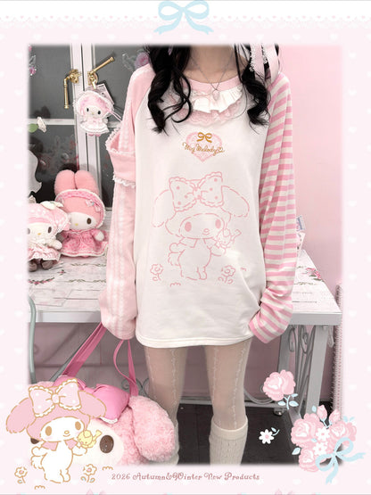 KYOUKO - Pink & White My Melody Ruffle-Trim Raglan Long-Sleeve T-Shirt