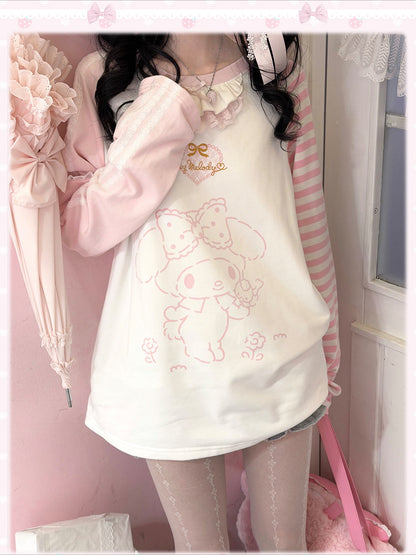 KYOUKO - Pink & White My Melody Ruffle-Trim Raglan Long-Sleeve T-Shirt