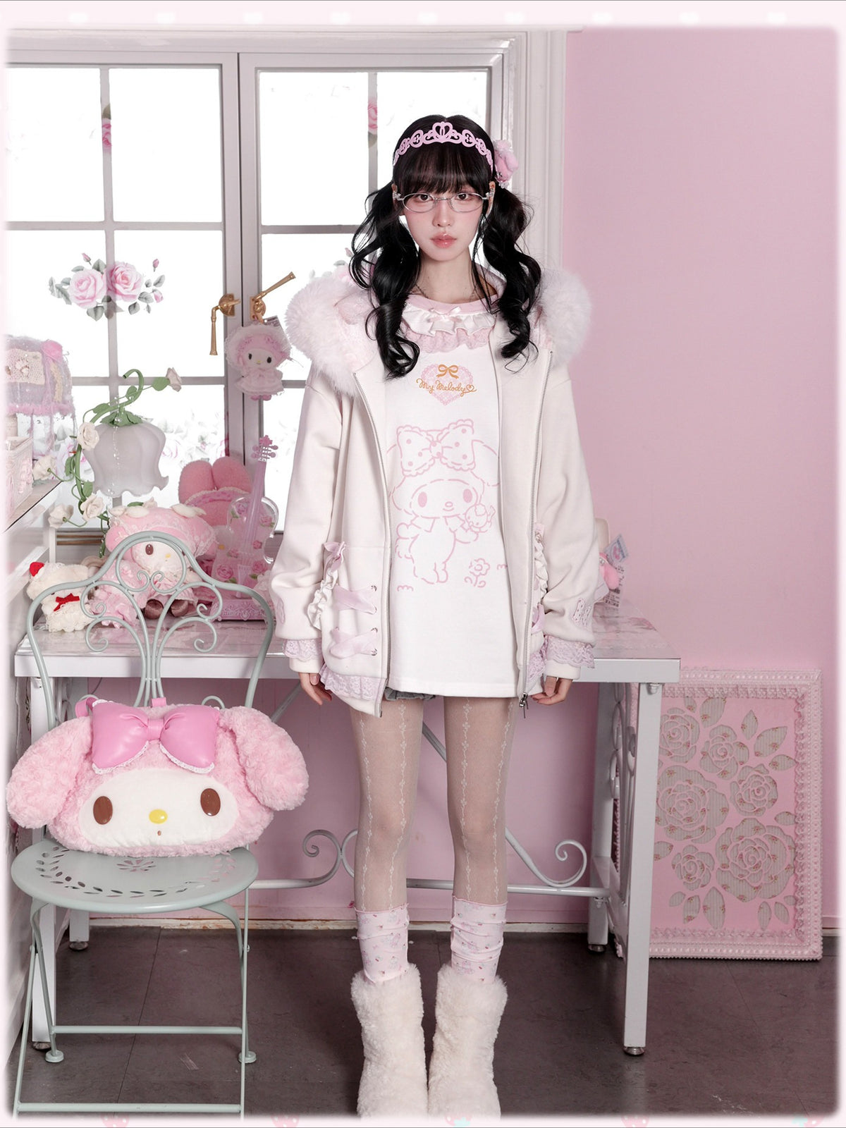 KYOUKO - Pink & White My Melody Ruffle-Trim Raglan Long-Sleeve T-Shirt