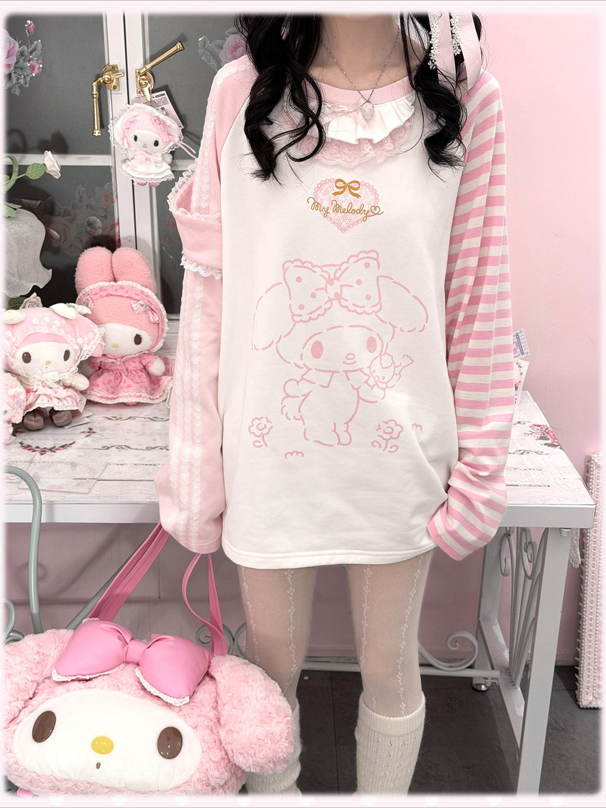 KYOUKO - Pink & White My Melody Ruffle-Trim Raglan Long-Sleeve T-Shirt
