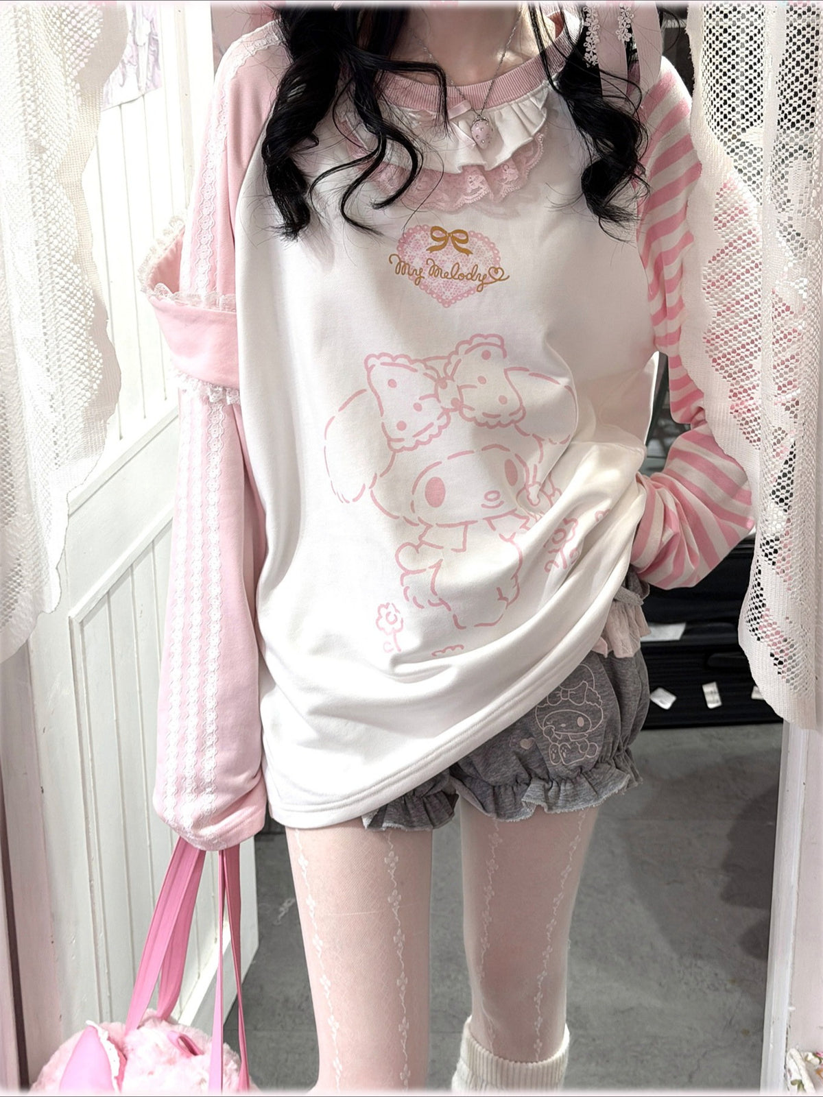KYOUKO - Pink & White My Melody Ruffle-Trim Raglan Long-Sleeve T-Shirt