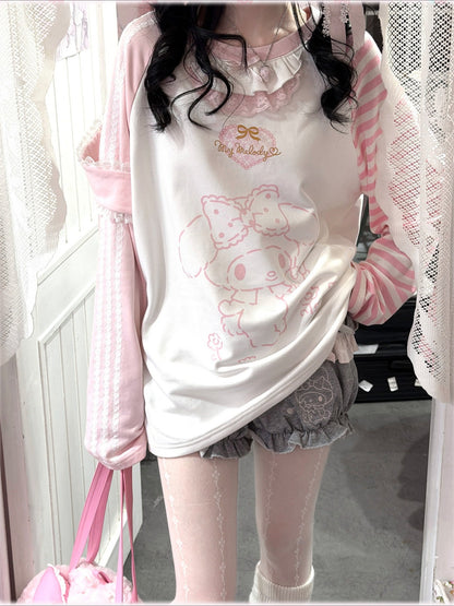 KYOUKO - Pink & White My Melody Ruffle-Trim Raglan Long-Sleeve T-Shirt