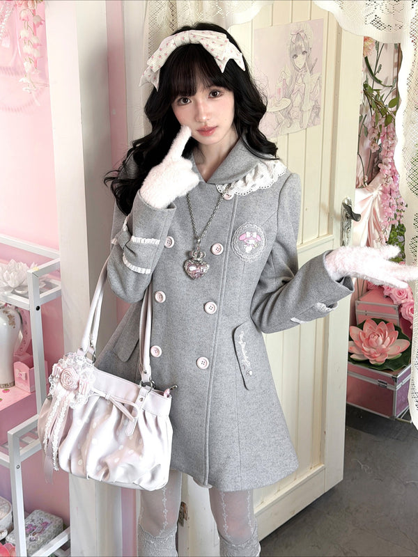 KYOUKO - My Melody Dusty Pink-Gray Double-Breasted Waist-Defined Wool-Look Coat