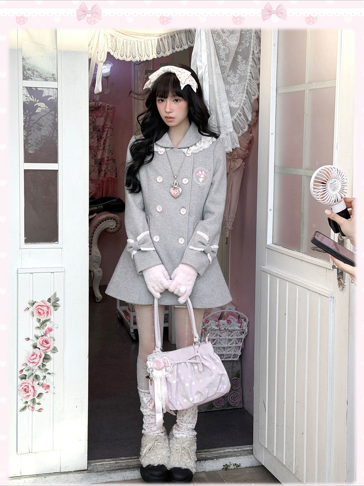 KYOUKO - My Melody Dusty Pink-Gray Double-Breasted Waist-Defined Wool-Look Coat