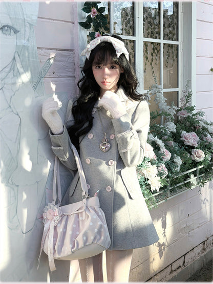 KYOUKO - My Melody Dusty Pink-Gray Double-Breasted Waist-Defined Wool-Look Coat
