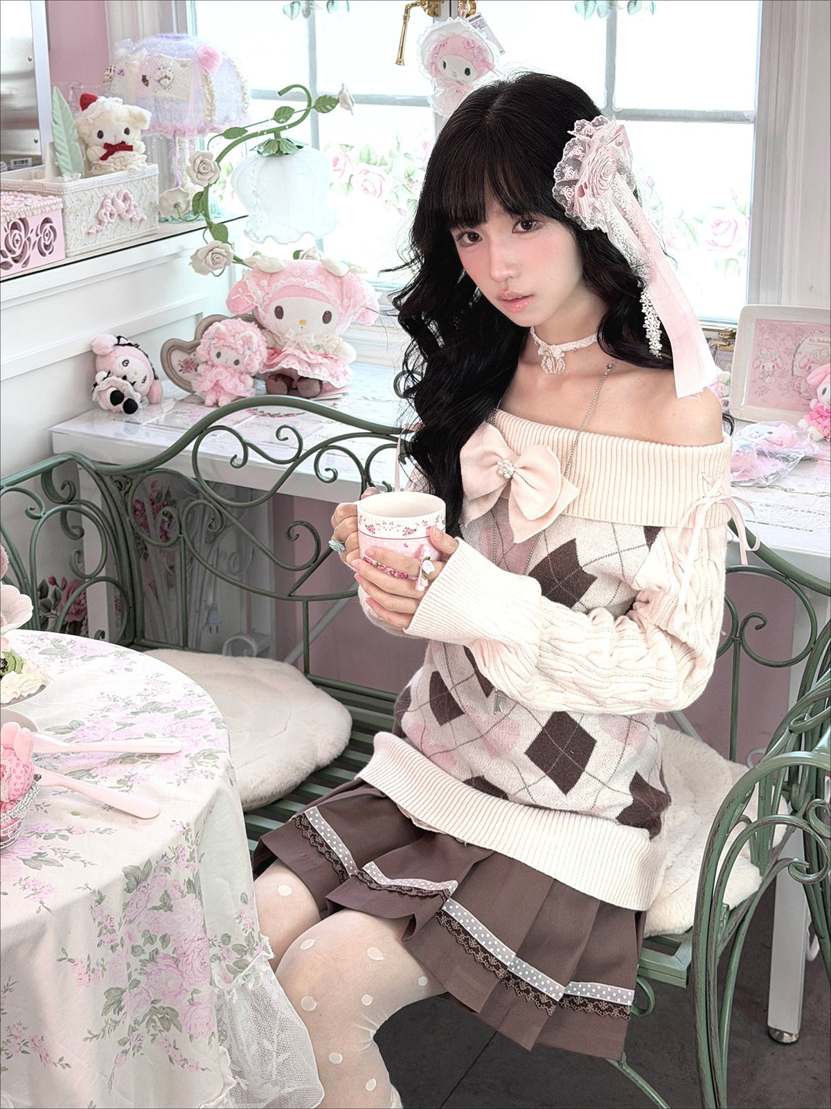 KYOUKO - My Melody Cream Argyle Off-Shoulder Sweater and Cocoa Maid Skirt Set