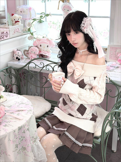 KYOUKO - My Melody Cream Argyle Off-Shoulder Sweater and Cocoa Maid Skirt Set