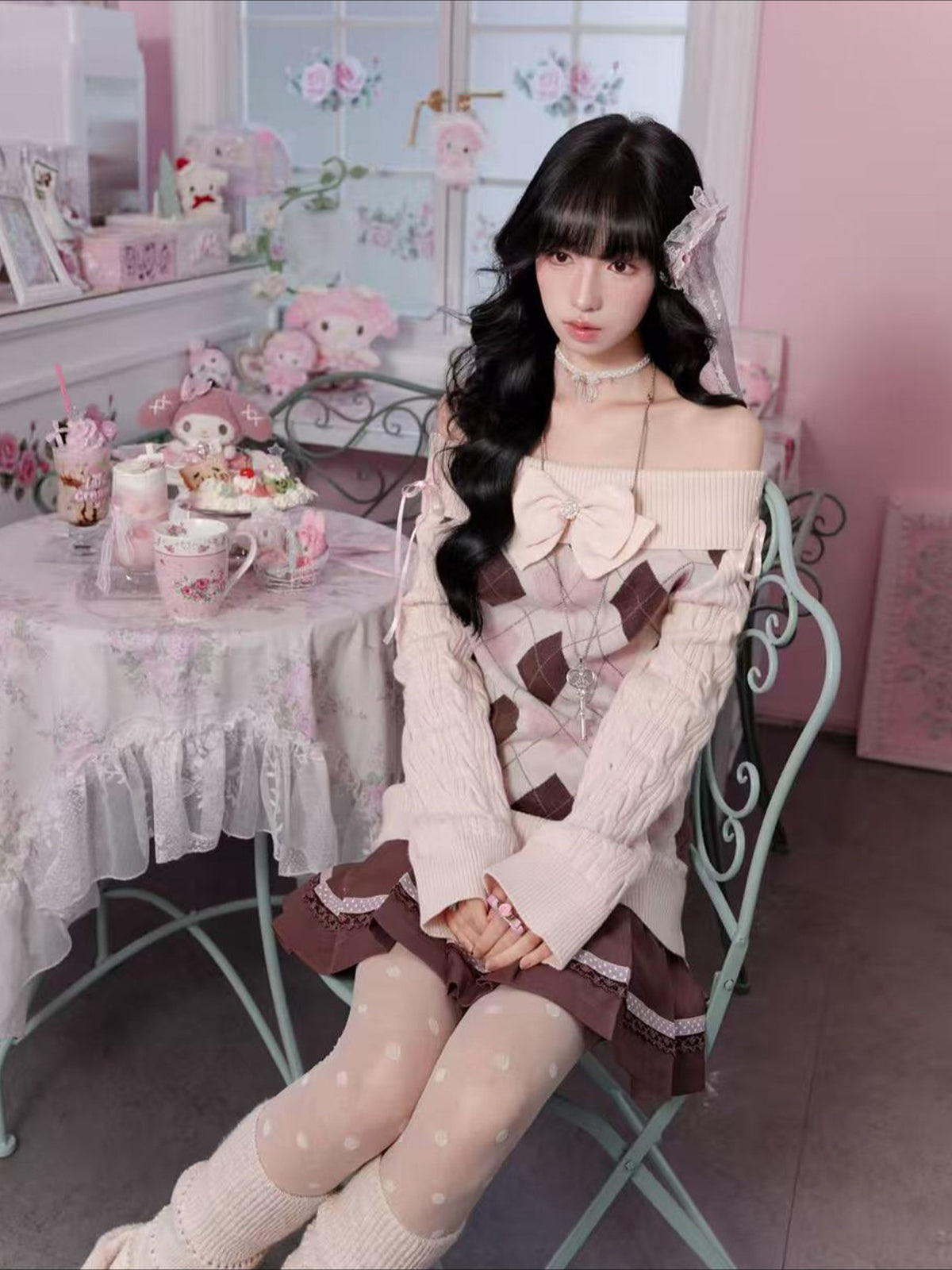 KYOUKO - My Melody Cream Argyle Off-Shoulder Sweater and Cocoa Maid Skirt Set