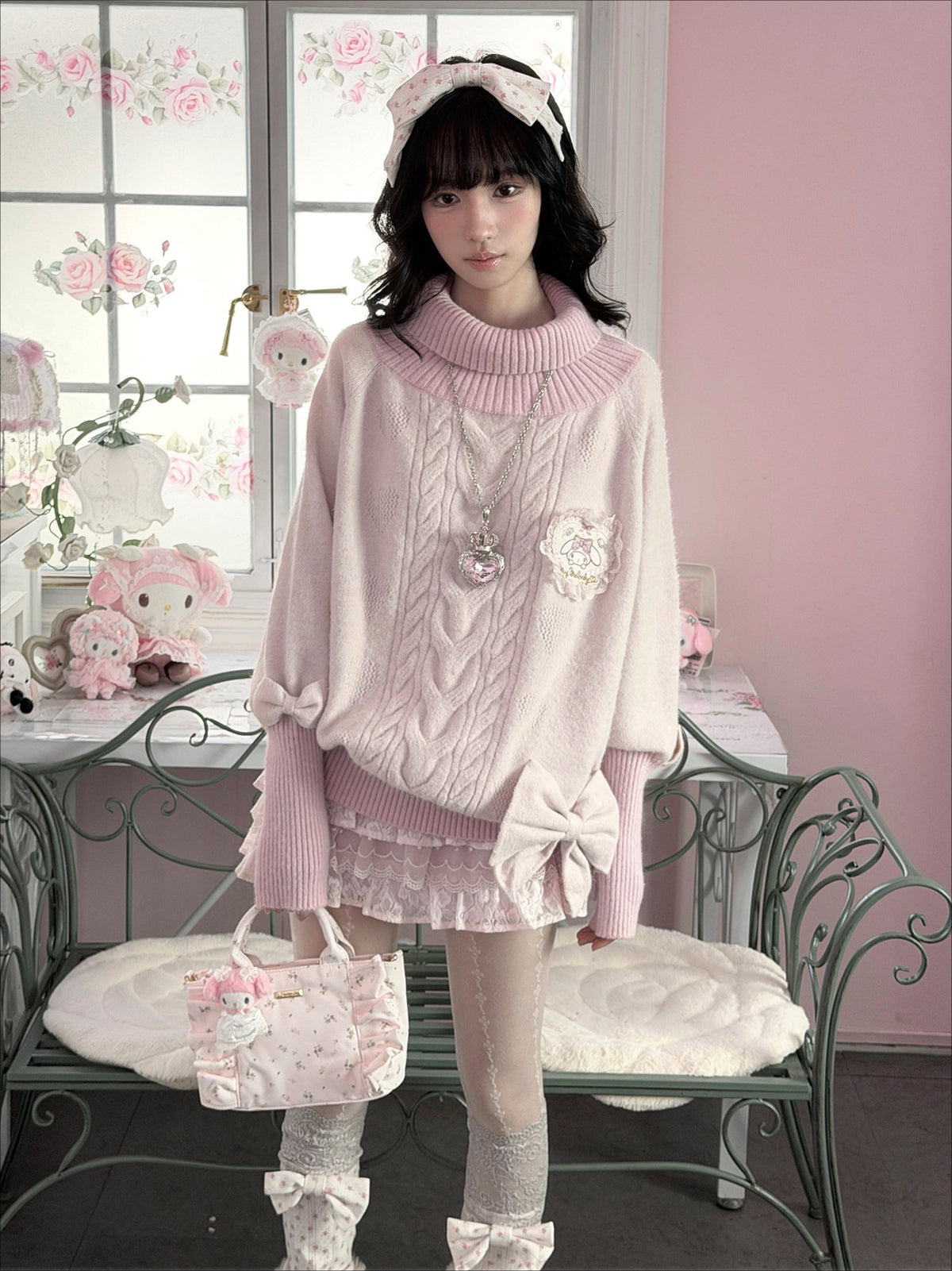 KYOUKO - My Melody Pink High-Neck Cable-Knit Sweater and Lace Tiered Skirt Set