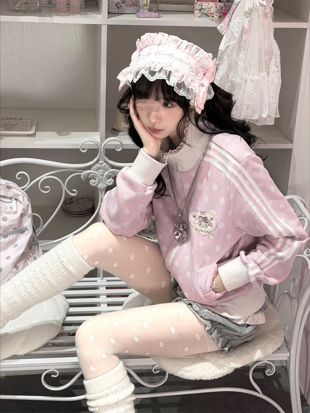 KYOUKO - My Melody Misty Pink Polka Dot Jacket, Gray Bloomers and Pink Lace Skirt Set
