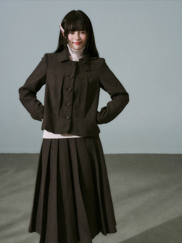 LOST FOREST - Brown Japanese Collegiate Girl Bow Blazer & Pleated Maxi Skirt Set