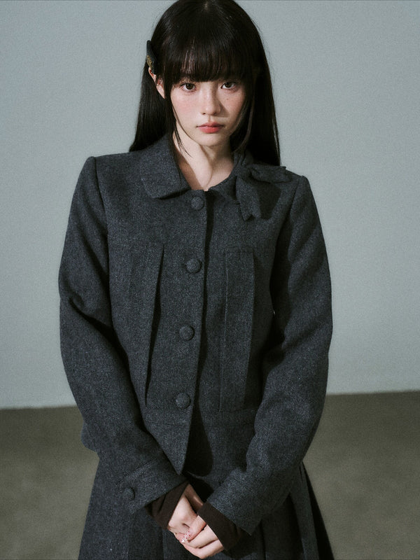 LOST FOREST - Gray Japanese Collegiate Girl Bow Blazer & Pleated Maxi Skirt Set