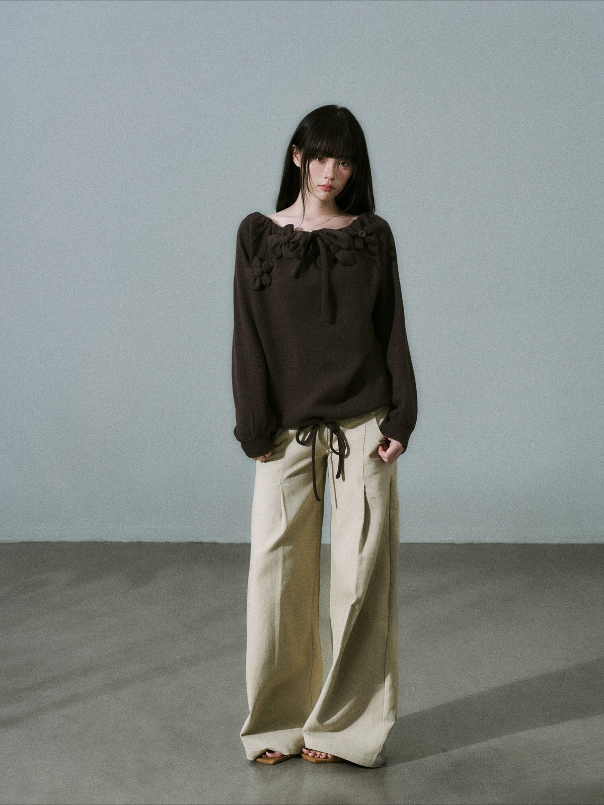 LOST FOREST - Deep Brown Japanese Sweet Girl Handmade Floral Knit-Texture Sweatshirt