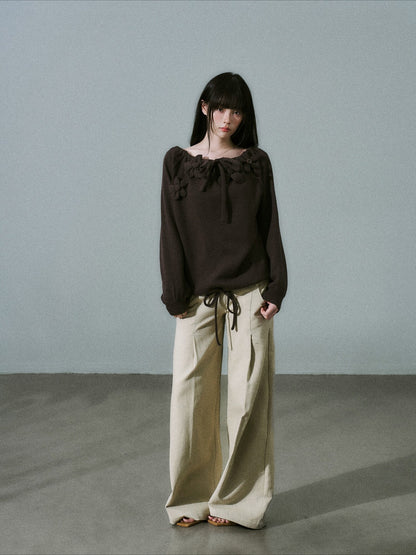 LOST FOREST - Deep Brown Japanese Sweet Girl Handmade Floral Knit-Texture Sweatshirt