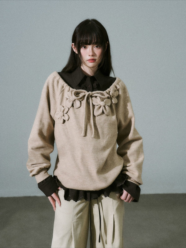 LOST FOREST - Camel Mélange Japanese Sweet Girl Handmade Floral Knit-Texture Sweatshirt
