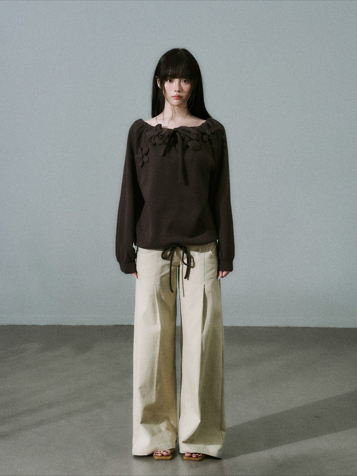 LOST FOREST - Deep Brown Japanese Sweet Girl Handmade Floral Knit-Texture Sweatshirt