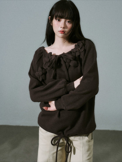 LOST FOREST - Deep Brown Japanese Sweet Girl Handmade Floral Knit-Texture Sweatshirt
