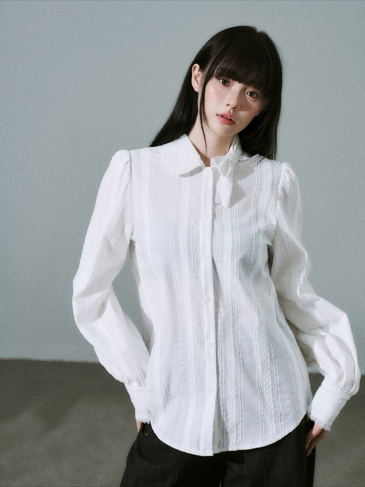 LOST FOREST - Pure White Cotton Jacquard Bow Blouse – Japanese Sweet Girl Style