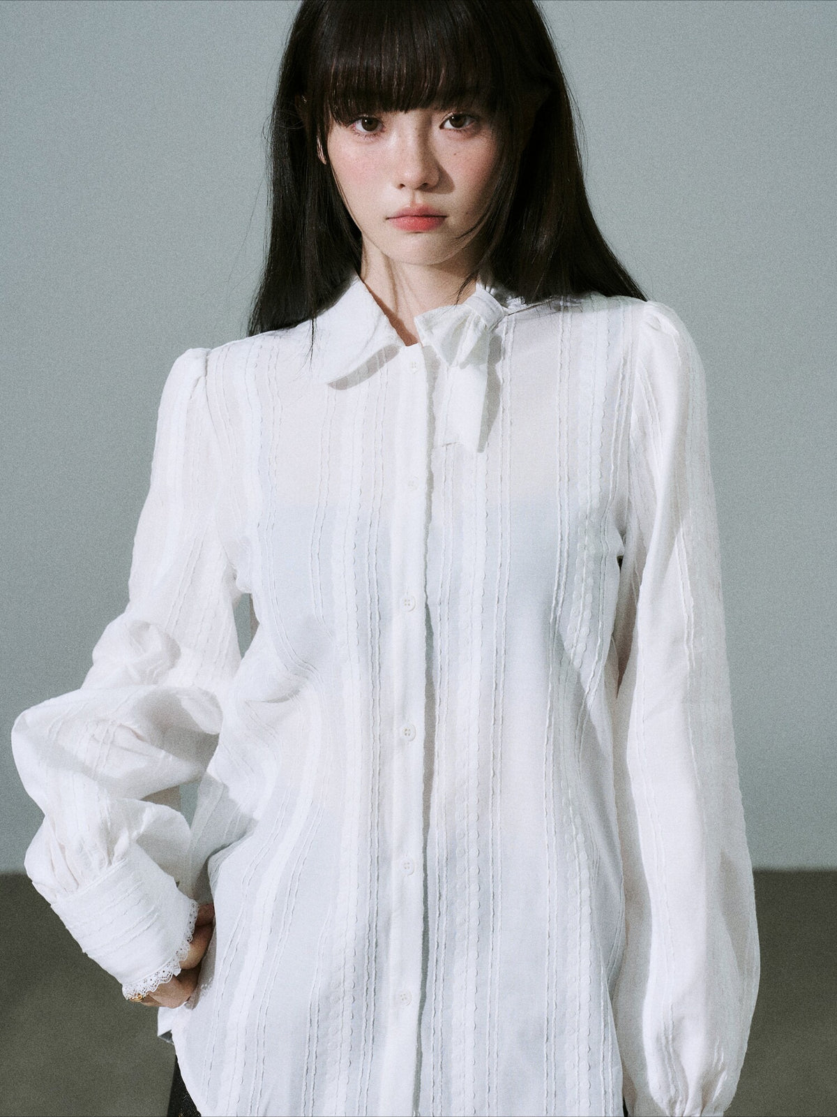 LOST FOREST - Pure White Cotton Jacquard Bow Blouse – Japanese Sweet Girl Style