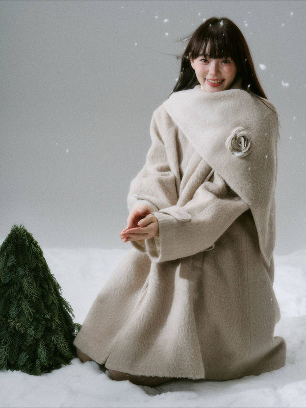 LOST FOREST - Almond Milk Tea Azure Winter Japanese Girl Scarf Cape Wool-Blend Long Coat