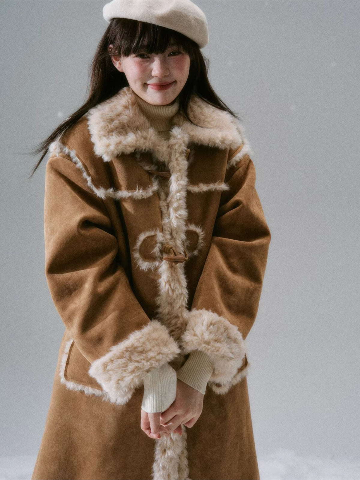 LOST FOREST - Cream Oak Vintage Collegiate Faux Fur-Lined Toggle Coat – Warm Orange Brown